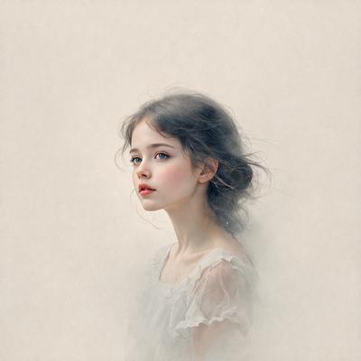 The primary subject of the image is a young girl with long hair, wearing a white dress. She is looking at the camera with a pouty expression. The setting is a white background, which creates a clean and minimalist look. The visual style is a painting, giving the image a more artistic and detailed appearance. The colors are predominantly white, which adds to the overall mood of the image, creating a sense of purity and innocence.